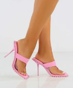 Public Desire UK Heels Carina Pink PU Embellished Toe Thong Heeled Mules