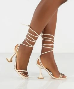 Public Desire UK Dymond Off White Lace Up Square Toe Cake Stand Heels
