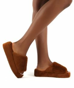 Public Desire UK Snoozie Tan Faux Fur Chunky Platform Sole Sliders Gifts