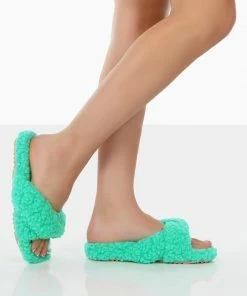 Public Desire UK Slumber Green Teddy Cross Over Strap Slippers