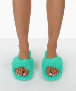 Public Desire UK Slumber Green Teddy Cross Over Strap Slippers