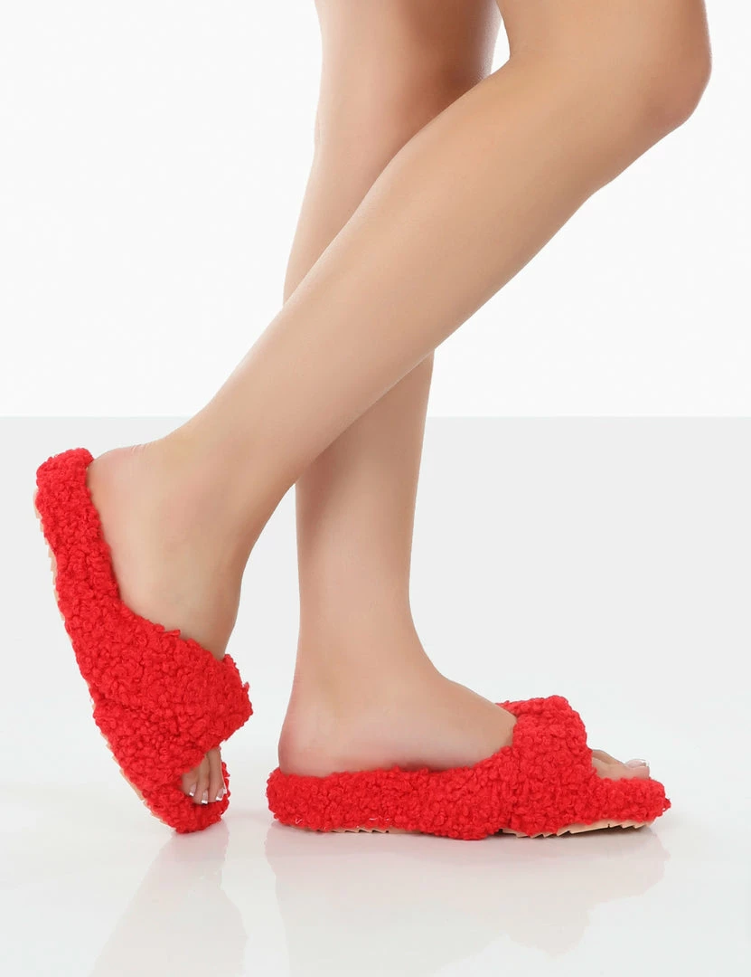 Public Desire UK Slumber Red Teddy Cross Over Strap Slippers 4 Public Desire UK Slumber Red Teddy Cross Over Strap Slippers