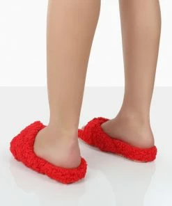Public Desire UK Slumber Red Teddy Cross Over Strap Slippers