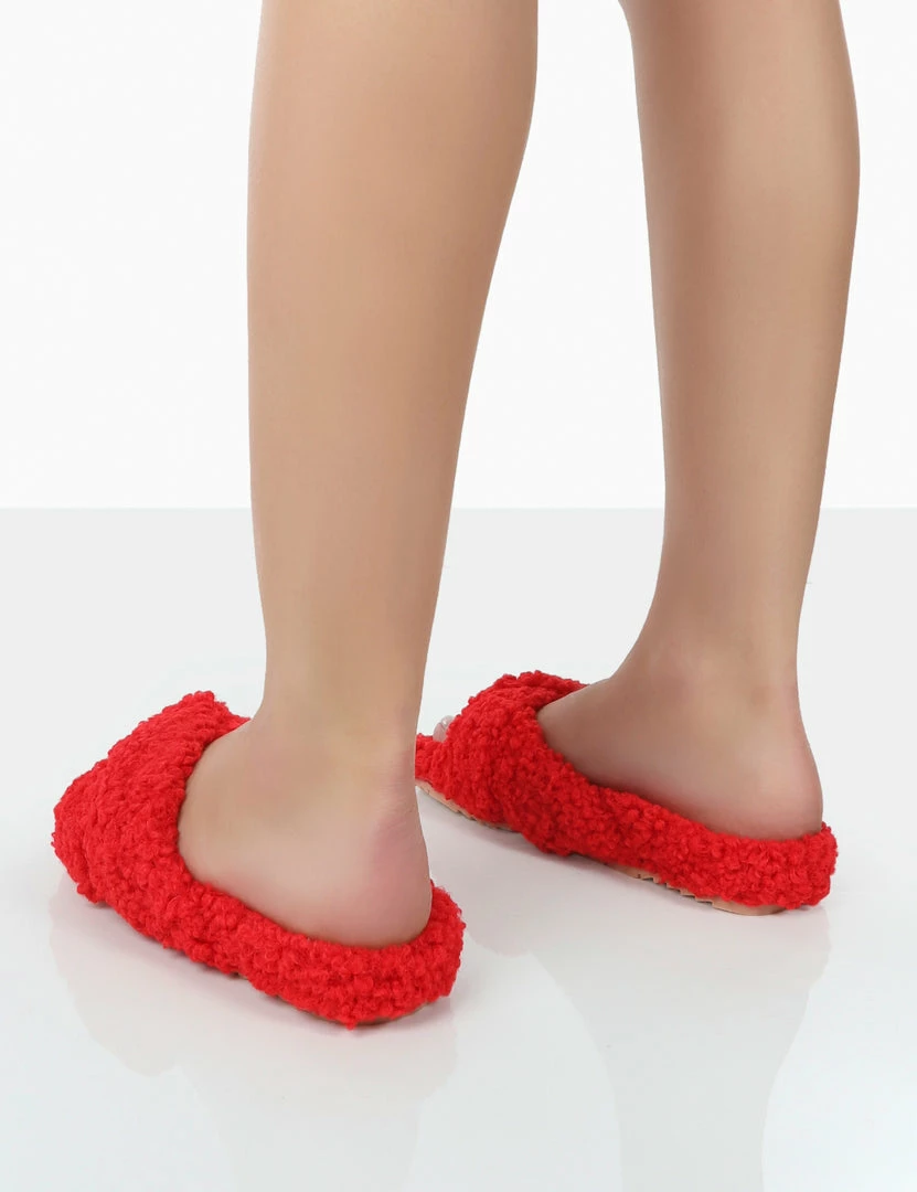 Public Desire UK Slumber Red Teddy Cross Over Strap Slippers 2 Public Desire UK Slumber Red Teddy Cross Over Strap Slippers