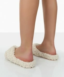 Public Desire UK Slumber Beige Teddy Cross Over Strap Slippers