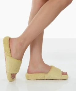 Public Desire UK Namaste Yellow Fluffy Faux Fur Slippers