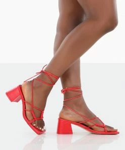 Public Desire UK NEW IN Fanatic Red PU Square Toe Lace Up Block Mid Heeled Sandals