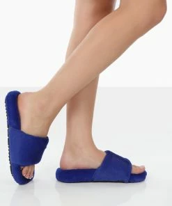 Public Desire UK Namaste Blue Fluffy Faux Fur Slippers
