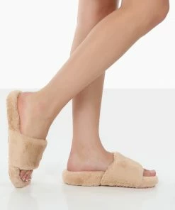 Public Desire UK Namaste Beige Fluffy Faux Fur Slippers