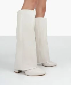 Public Desire UK Zendaya Ecru Pointed Toe Knee High Boots NEW IN