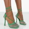 Public Desire UK Back In Stock Longshot Green Diamante Wrap Around Mesh Heels