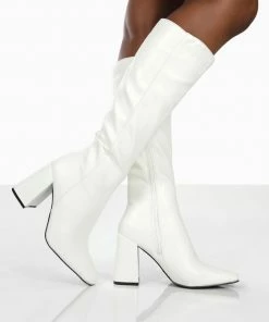 Public Desire UK NEW IN Apology White Pu Knee High Block Heel Boots