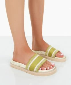 Public Desire UK Toile Sage Green Embroidered Print Slide Sandals FLATS