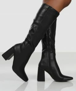 Public Desire UK Apology Black Pu Knee High Block Heel Boots NEW IN