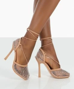 Public Desire UK Back In Stock Longshot Nude Diamante Wrap Around Mesh Heels