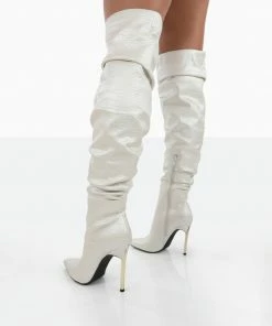 Public Desire UK LONG BOOTS Energy Ecru Croc PU Pointed Toe Over The Knee Heeled Boots