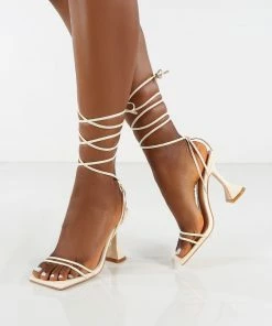 Public Desire UK Dymond Off White Lace Up Square Toe Cake Stand Heels