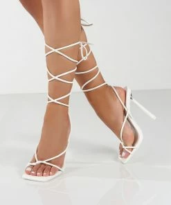 Public Desire UK Lacey Wide Fit White PU Square Toe Strappy Lace Up Heels