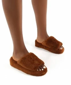 Public Desire UK Snoozie Tan Faux Fur Chunky Platform Sole Sliders Gifts