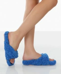 Public Desire UK Slumber Blue Teddy Cross Over Strap Slippers