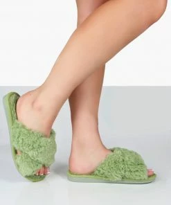 Public Desire UK NIGHTCAP GREEN CROSS STRAP SLIPPERS