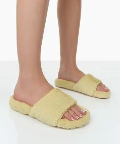 Public Desire UK Namaste Yellow Fluffy Faux Fur Slippers
