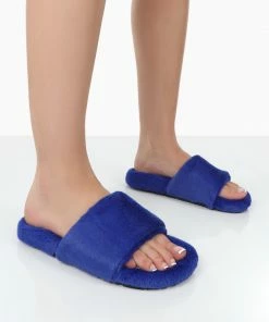 Public Desire UK Namaste Blue Fluffy Faux Fur Slippers