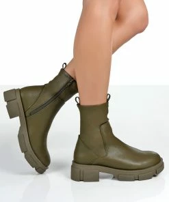 Public Desire UK TREAT GREEN CHUNKY ANKLE BOOTS