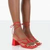 Public Desire UK NEW IN Fanatic Red PU Square Toe Lace Up Block Mid Heeled Sandals