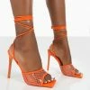 Public Desire UK Spring Orange Pu Square Toe Mesh Lace Up Heels