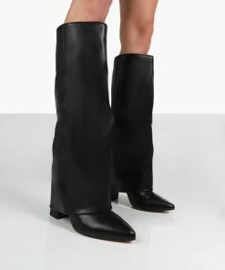 Public Desire UK Zendaya Black Pointed Toe Knee High Boots Long Boots