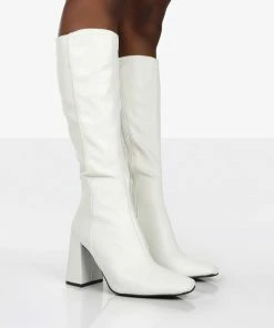 Public Desire UK NEW IN Apology White Pu Knee High Block Heel Boots