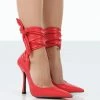 Public Desire UK Thames Red PU Lace Up Ribbon Pointed Toe Court Heels