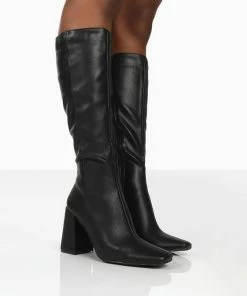 Public Desire UK Apology Black Pu Knee High Block Heel Boots NEW IN