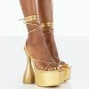 Public Desire UK NEW IN Story Wide Fit Gold PU Lace Up Cylinder Platform Heels