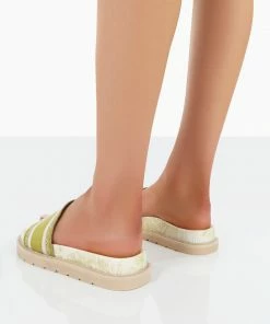 Public Desire UK Toile Sage Green Embroidered Print Slide Sandals FLATS