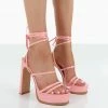 Public Desire UK NEW IN Gimme Gimme Baby Pink Iridescent PU Strappy Lace Up Block Heels