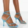 Public Desire UK Back Up Blue Pu Square Toe Strappy Mid Heels Back In Stock