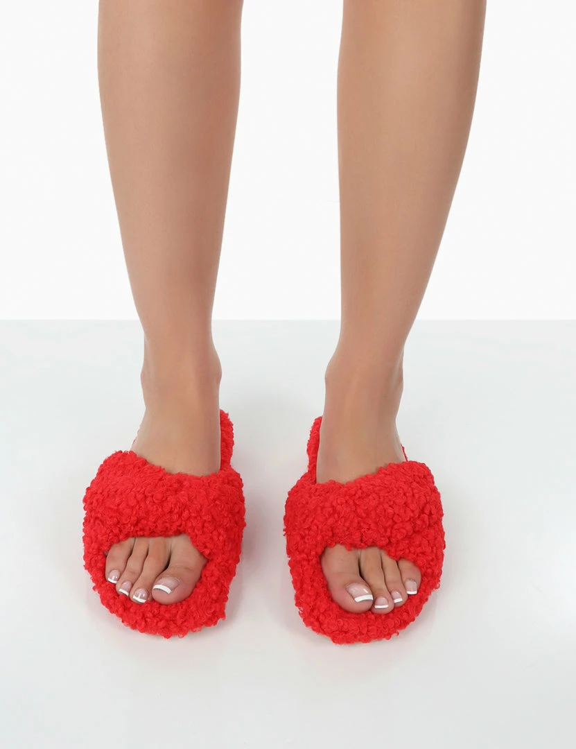 Public Desire UK Slumber Red Teddy Cross Over Strap Slippers 3 Public Desire UK Slumber Red Teddy Cross Over Strap Slippers