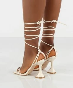 Public Desire UK Dymond Off White Lace Up Square Toe Cake Stand Heels