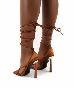 Public Desire UK Lacey Tan Square Toe Strappy Lace Up Stiletto Heels
