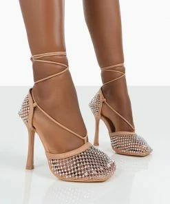 Public Desire UK Back In Stock Longshot Nude Diamante Wrap Around Mesh Heels
