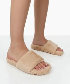 Public Desire UK Namaste Beige Fluffy Faux Fur Slippers