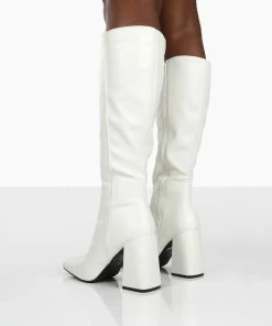 Public Desire UK NEW IN Apology White Pu Knee High Block Heel Boots