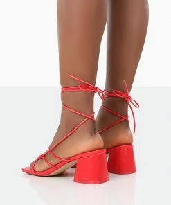 Public Desire UK NEW IN Fanatic Red PU Square Toe Lace Up Block Mid Heeled Sandals