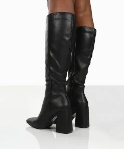 Public Desire UK Apology Black Pu Knee High Block Heel Boots NEW IN