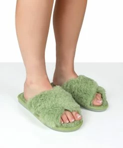 Public Desire UK NIGHTCAP GREEN CROSS STRAP SLIPPERS