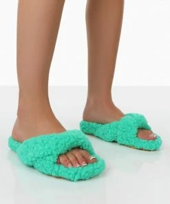 Public Desire UK Slumber Green Teddy Cross Over Strap Slippers