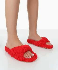 Public Desire UK Slumber Red Teddy Cross Over Strap Slippers