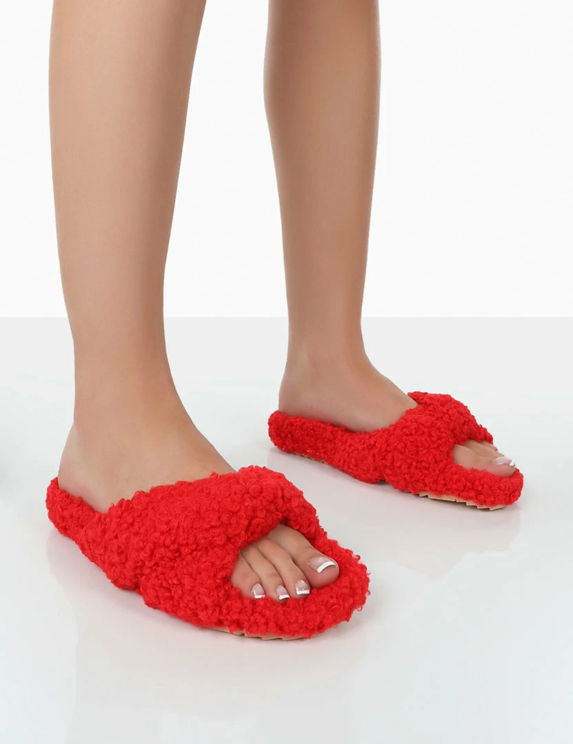 Public Desire UK Slumber Red Teddy Cross Over Strap Slippers 1 Public Desire UK Slumber Red Teddy Cross Over Strap Slippers